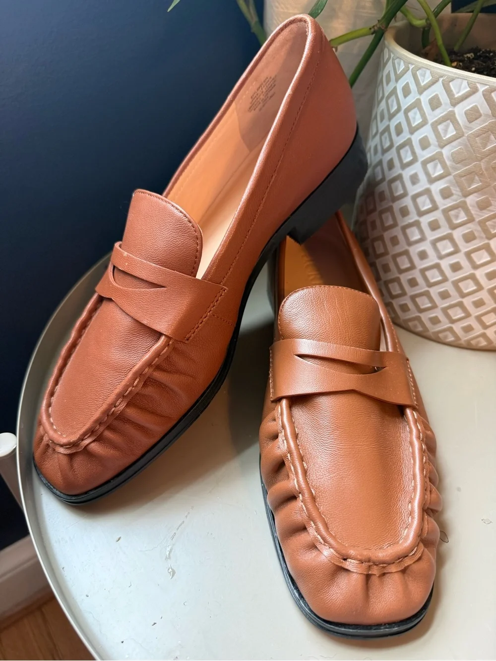 J Crew 9 Ruched Leather Loafer Saddle Camel Quiet Luxury Office Preppy Classic